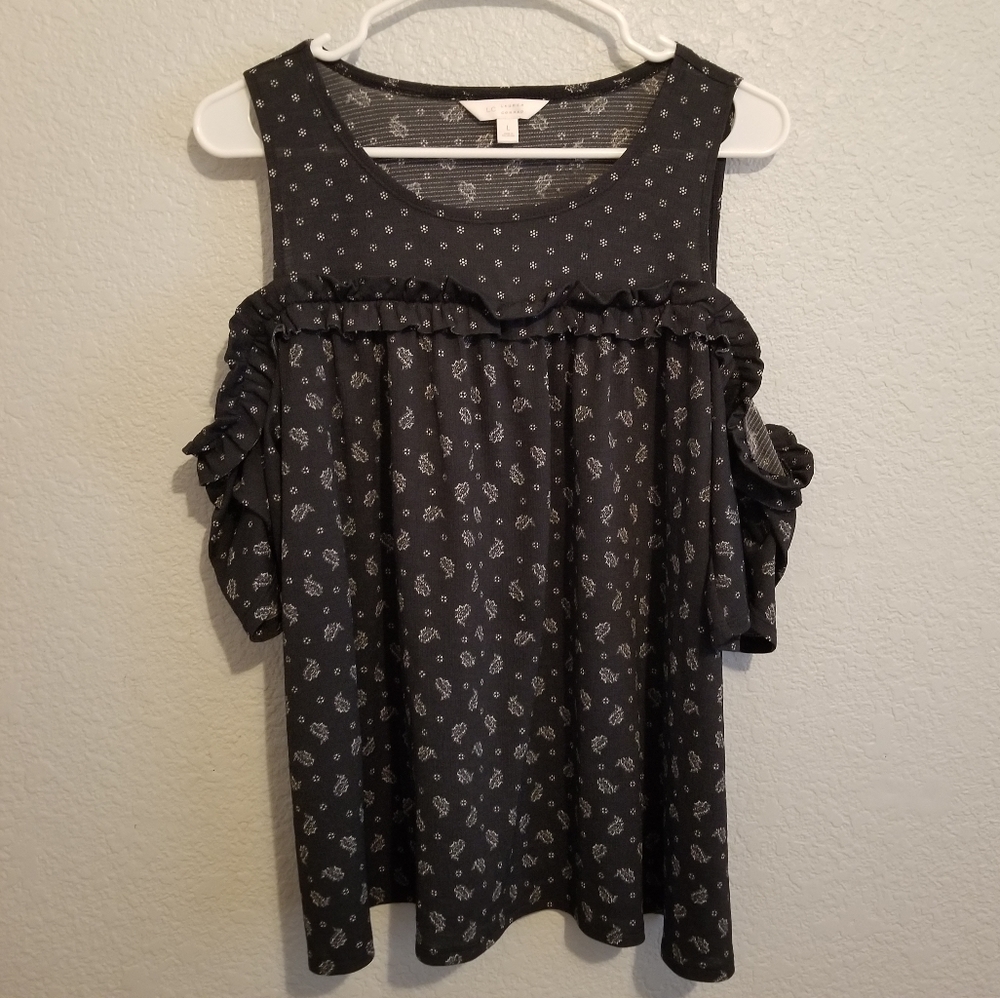 LC Lauren Conrad Black & White Print Cold Shoulder Short Sleeve Blouse